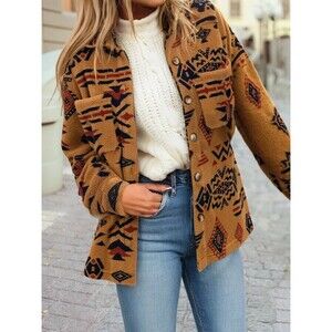 Women’s Southwestern Aztec Shacket – Tribal Print Button‑Up Jacket – Cozy Fall W